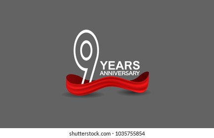 9 years anniversary line style white color with red color ribbon isolated on dark grey background