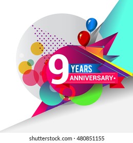 9 Years Anniversary logo with balloon and colorful geometric background, vector design template elements for your birthday celebration.
