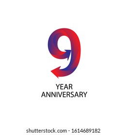 9 
years anniversary logo, blue and red colored vector design