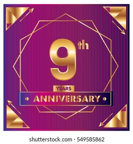 9 years anniversary logo celebration with ring and ribbon. Greeting card and cover template.