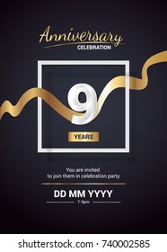 9 Years Anniversary Logo Celebration and Invitation Card with gold ribbon Isolated on Dark  Background