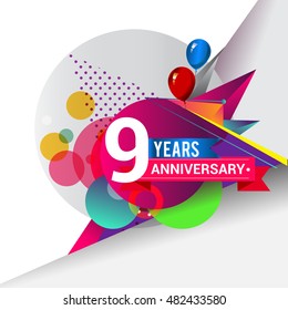 9 years Anniversary logo, Colorful geometric background vector design template elements for your birthday celebration.