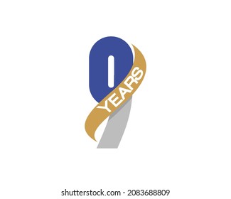 9 years anniversary logo design. Birthday number with golden ribbon