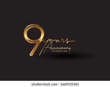9 Years Anniversary Logo Golden Colored isolated on black background, vector design for greeting card and invitation card