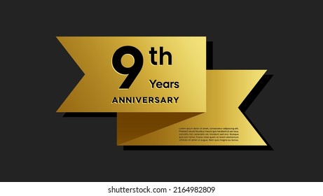 9 years anniversary logo with golden ribbon for booklet, leaflet, magazine, brochure poster, banner, web, invitation or greeting card. Vector illustrations.