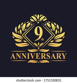 9 years Anniversary Logo, Luxury floral golden 9th anniversary logo.