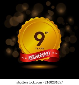 9 years anniversary logo with ribbon, golden Anniversary for booklet, leaflet, magazine, brochure poster, banner, web, invitation or greeting card. Vector illustrations.