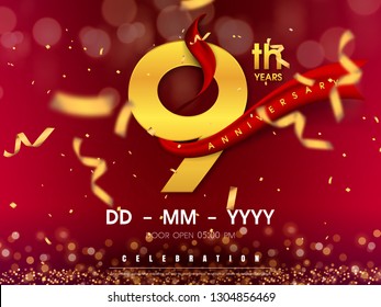 9 years anniversary logo template on gold background. 9th celebrating golden numbers with red ribbon vector and confetti isolated design elements
