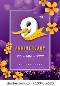 9 years anniversary logo template on golden flower and purple background. 9th celebrating white numbers with gold ribbon vector and bokeh design elements, anniversary invitation template card design