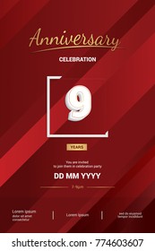 9 Years Anniversary Logotype with 3d white number isolated on red abstract background