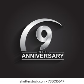 9 years anniversary logotype design with silver color isolated on black background for company celebration