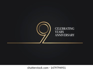 9 Years Anniversary logotype with golden colored font numbers made of one connected line, isolated on black background for company celebration event, birthday
