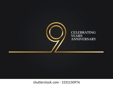 9 Years Anniversary logotype with golden colored font numbers made of one connected line, isolated on black background for company celebration event, birthday - Vector
