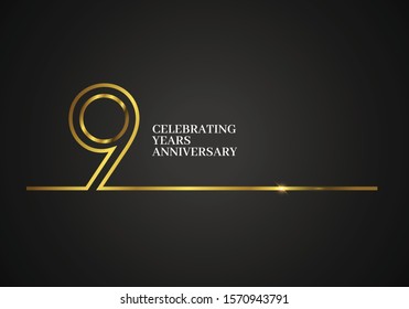 9 Years Anniversary logotype with golden colored font numbers made of one connected line, isolated on black background for company celebration event, birthday - Vector