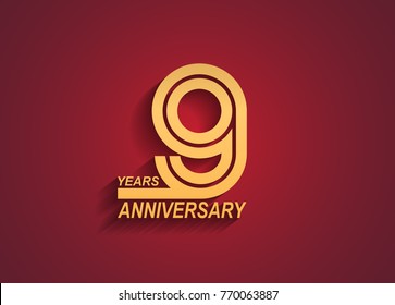 9 years anniversary logotype with linked number golden color isolated on red background for celebration event