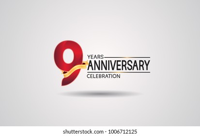 9 years anniversary logotype with red color and golden ribbon isolated on white background for celebration event