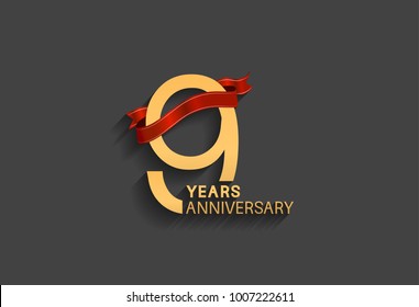 9 years anniversary logotype with red ribbon and golden color for celebration event