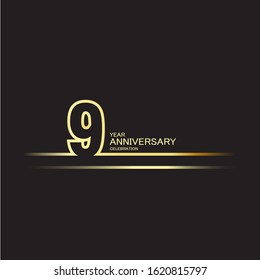 9 years anniversary logotype with single line golden and silver color for celebration