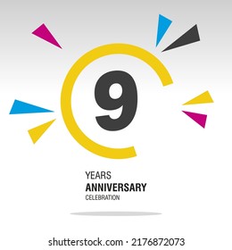 9 Years Anniversary, number in broken circle with colorful bang of confetti, logo, icon, white background
