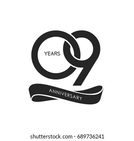9 years anniversary pictogram vector icon, 9 years birthday logo label, black and white stamp isolated