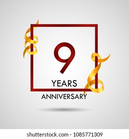 9 years anniversary with red number design inside red square and golden ribbon element, isolated on white background can be used as celebration card
