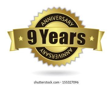 "9 Years Anniversary" - Retro Golden Ribbon, EPS 10 vector illustration