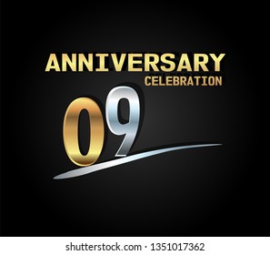 9 years Anniversary silver and golden font  with silver line. Fist number golden and second number silver with underline silver and golden text. Elegant and simple design.