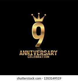 9 years anniversary simple design with golden font and crown with reflection golden number. Elegant, simple, and luxury design. Design with shadow or reflection under number. 