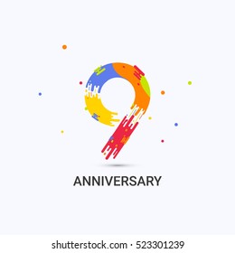 9 Years Anniversary, Splash Colored Logo Celebration Isolated on White Background