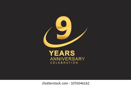 9 years anniversary with swoosh design golden color isolated on black background for celebration