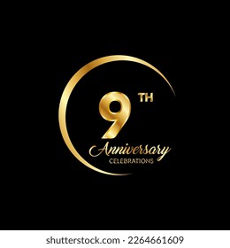 9 años de aniversario. Concepto de diseño de plantilla de aniversario con número de oro , diseño para evento, tarjeta de invitación, tarjeta de saludo, banner, afiche, volante, portada de libro e impresión. Vector Eps10