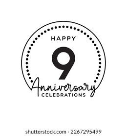 9 años de aniversario. Concepto de diseño de plantillas de aniversario, monocromo, diseño para eventos, tarjeta de invitación, tarjeta de saludo, banner, afiche, volante, portada de libros e impresión. Vector Eps10