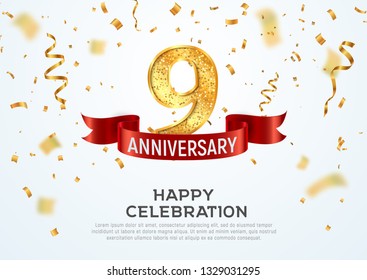 9 years anniversary vector banner template. Nine year jubilee with red ribbon and confetti on white background