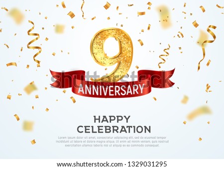 9 years anniversary vector banner template. Nine year jubilee with red ribbon and confetti on white background