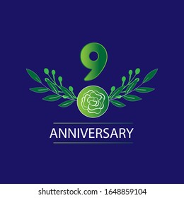 9 Years anniversary. Vector design greeting card with decorative floral for celebration