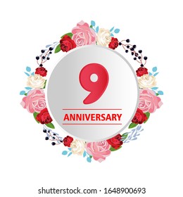 9-jähriges Jubiläum. Vektorillustration Design-Grußkarte mit dekorativem Blumenkreis zum Feiern