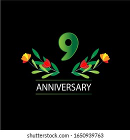 9 años de aniversario. Tarjeta de saludo decorativa floral para celebración
