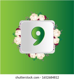 9 Years anniversary. Vector design greeting card with decorative floral for celebration