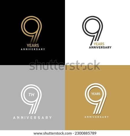 9 years anniversary vector number icon, birthday logo label, black, white and colors stripe number