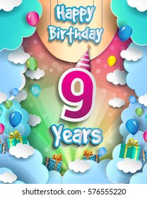 9 Years Birthday Celebration Design for greeting cards and poster, with clouds and gift box, balloons. design template for birthday celebration.