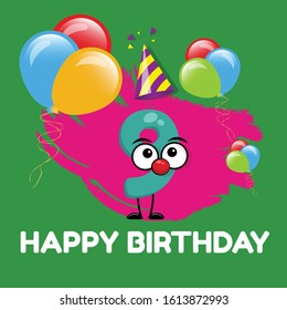 9 years - cute birthday card. funny charakter number.birthday balloons