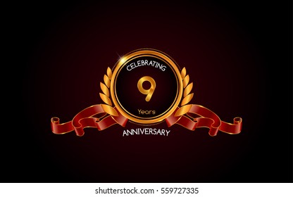 9 years gold anniversary celebration logo with red ribbon , isolated on dark background