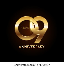 9 years gold anniversary celebration overlapping number logo, isolated on dark background