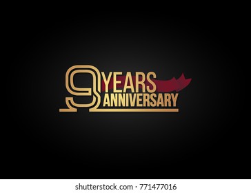 9 Years gold Anniversary celebration logotype using multi linear number with red ribbon isolated on black background.