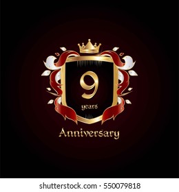 9 Years Gold Anniversary Logo Using Heraldic Theme, Colorful and Isolated on white background