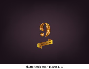 9 Years gold Anniversary logotype made from golden glitter isolated on black background for company celebration event, birthday