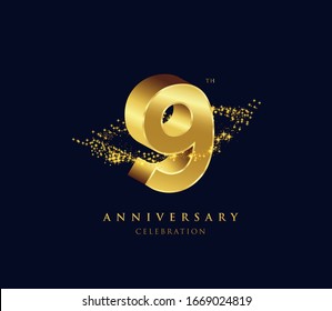 9 years golden 3D anniversary celebration logo vector.