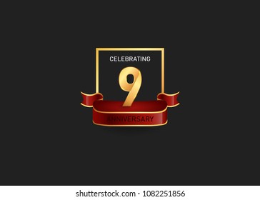 9 years golden anniversary design logotype gold square and red ribbon for celebration event, isolated on black background