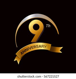9 years golden anniversary logo celebration with ring and ribbon.