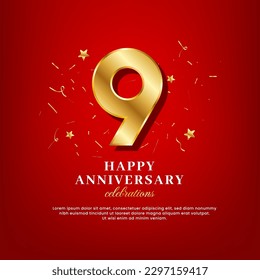 9 years of golden numbers, anniversary celebrating text, and anniversary congratulation text with golden confetti spread on a red background